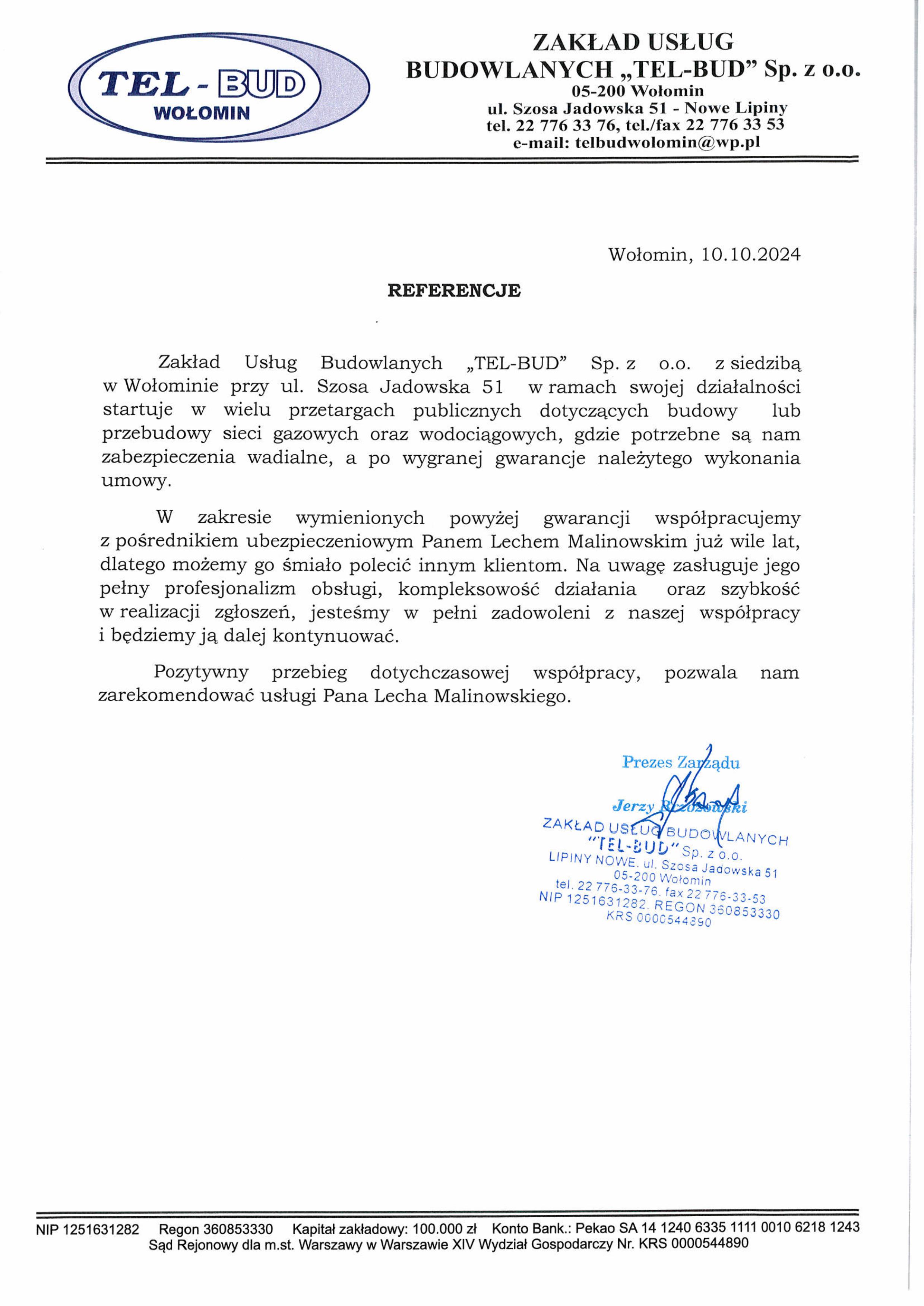 Skan referencji - gwarancje ubezpieczeniowe - TEL-BUD Sp. z o.o.