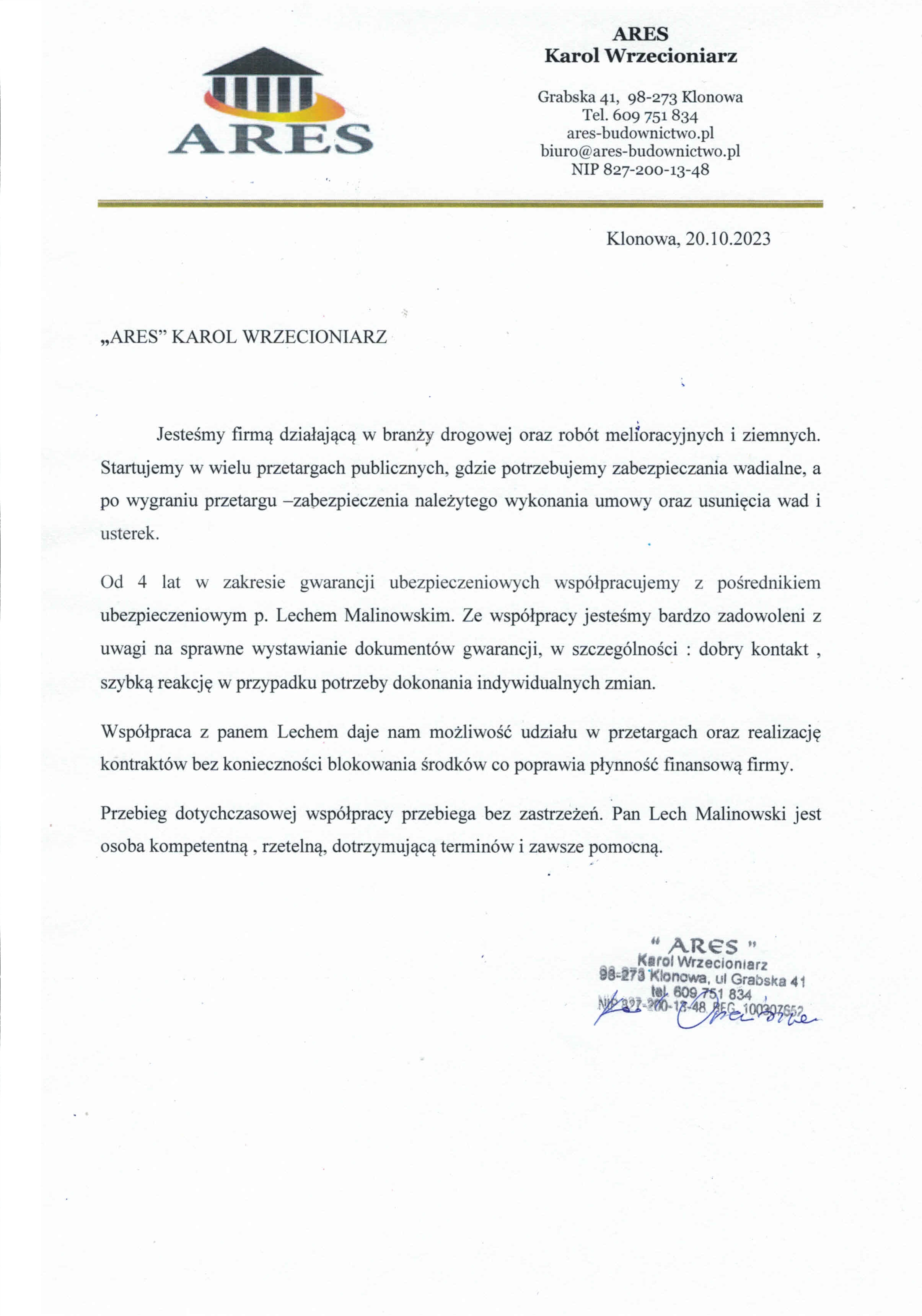 Skan referencji - gwarancje ubezpieczeniowe - ARES Karol Wrzecioniarz