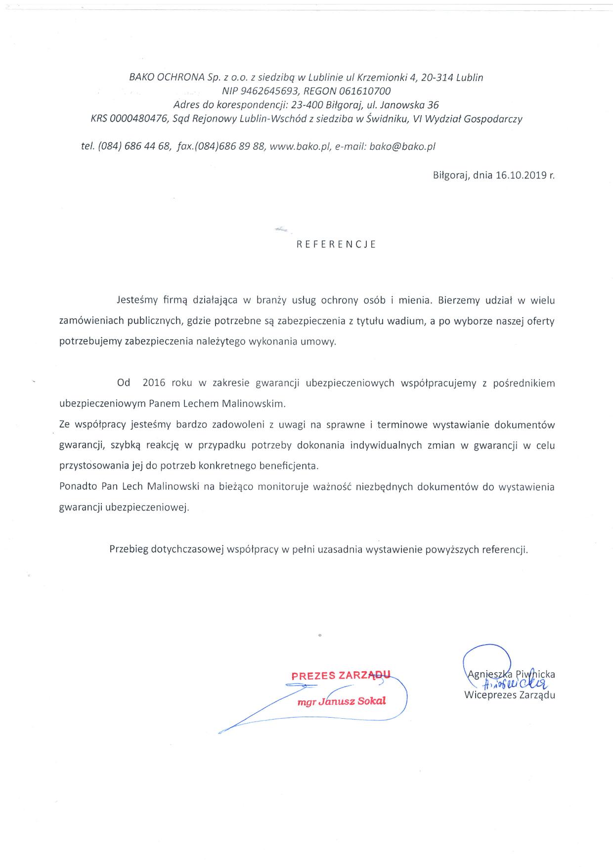 Skan referencji - gwarancje ubezpieczeniowe - BAKO Ochrona Sp. z o.o.