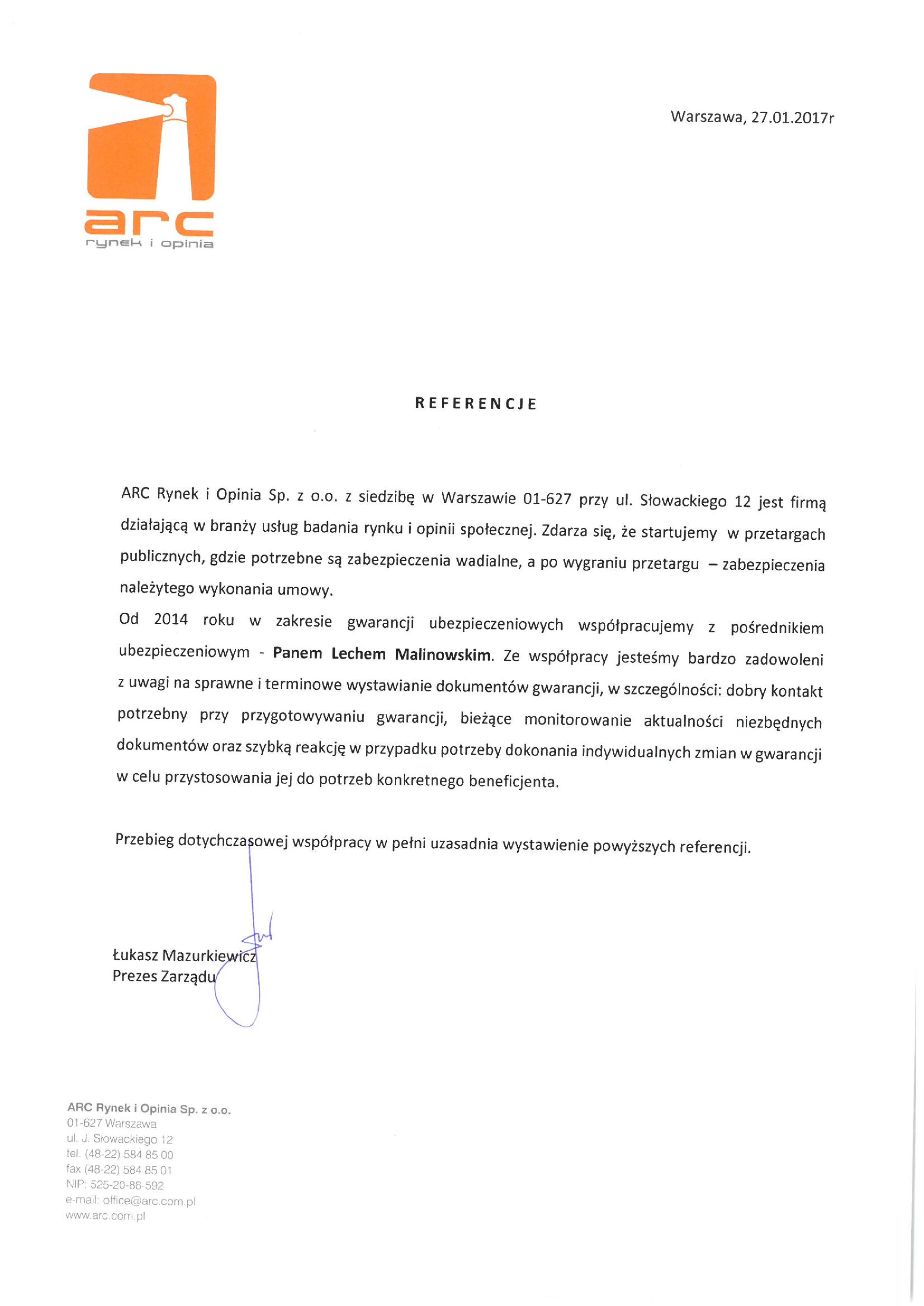 Skan referencji - gwarancje ubezpieczeniowe - ARC Rynek i Opinia Sp. z o.o.