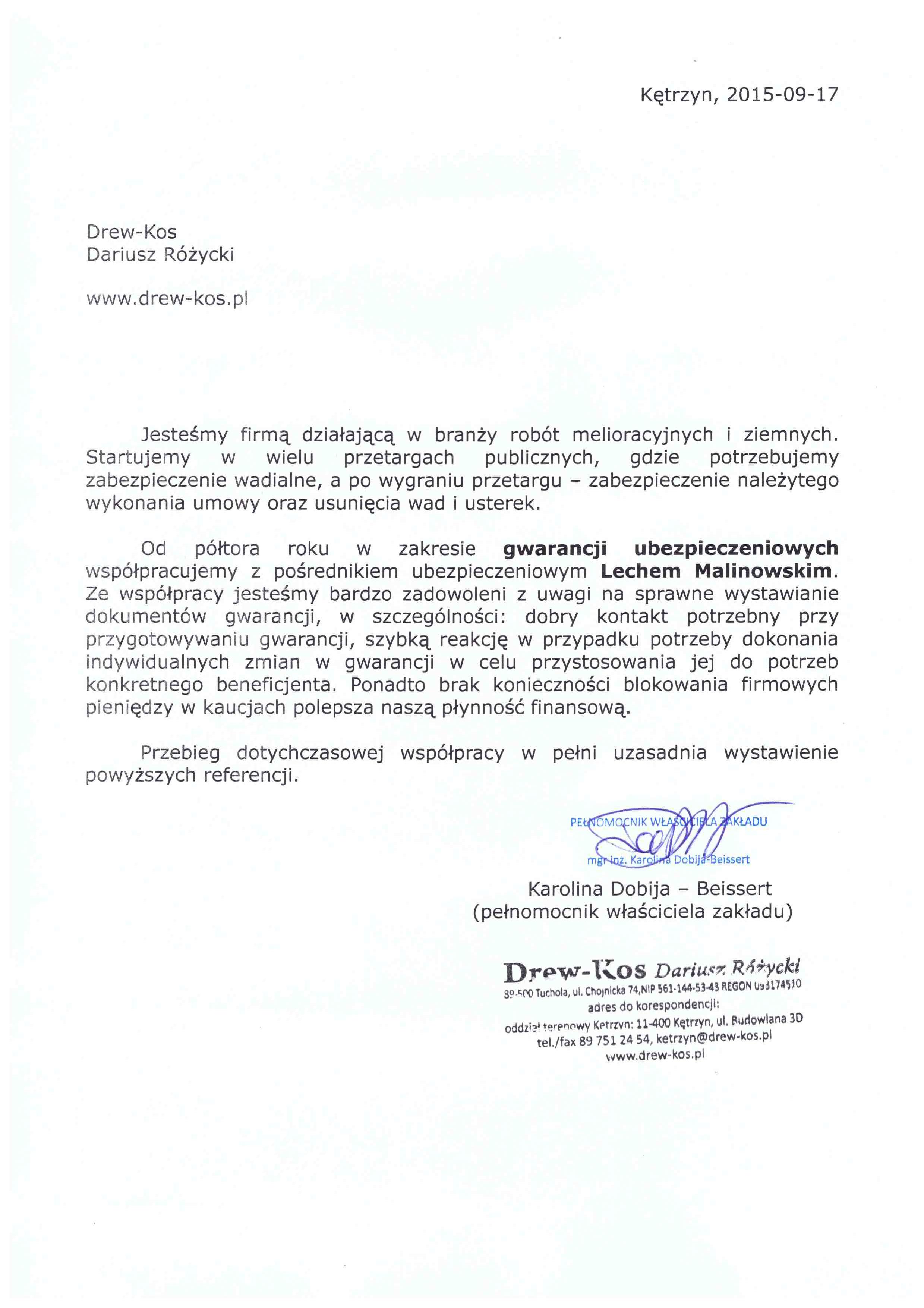 Skan referencji - gwarancje ubezpieczeniowe - Drew-Kos